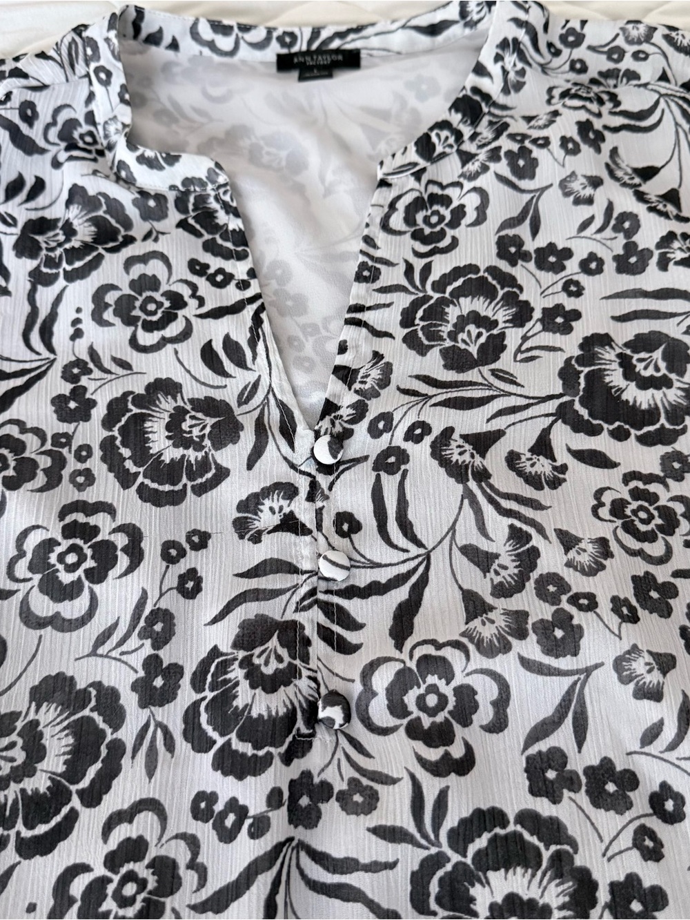 Ann Taylor White Blouse with Black Floral Print
